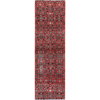 Overdyed & Vintage Wool Hand Knotted Rug Red 2.5x8.8 -O0794