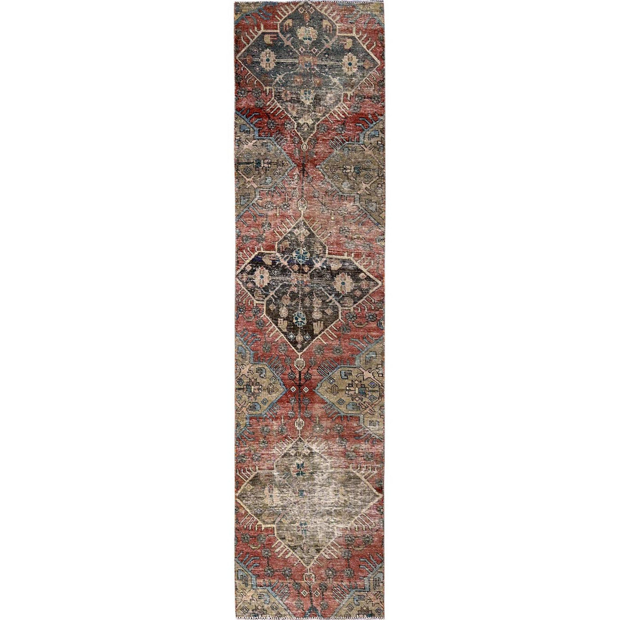 Overdyed & Vintage Wool Hand Knotted Rug Red 2.2x9.9 -O0795