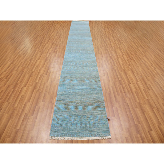 Modern and Contemporary Wool & Silk Hand Knotted Rug Blue No Border 2.6X16.3 -O079619