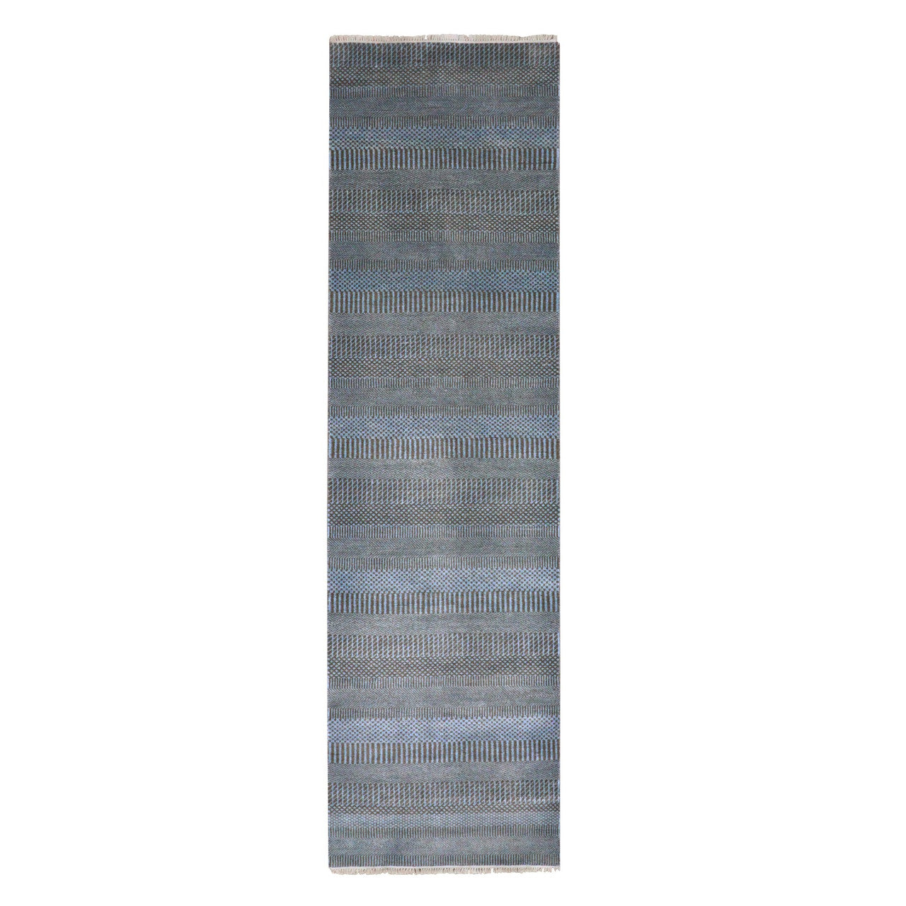 Blue 2'7" x 9'6" Modern and Contemporary Hand knotted Wool/Silk Rug - Sku: O079623