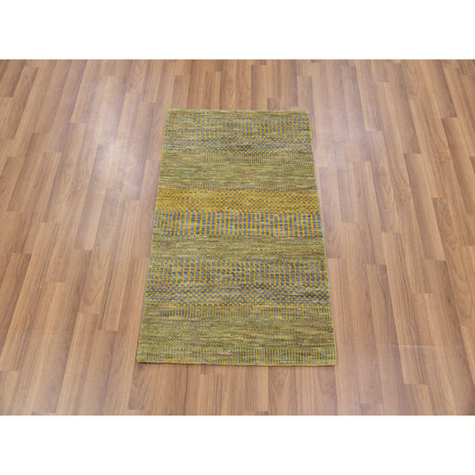 Modern and Contemporary Wool Hand Knotted Rug Green No Border 1.11X3.1 -O079631