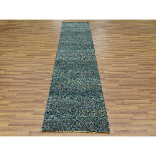 Modern and Contemporary Wool Hand Knotted Rug Green No Border 2.6X10.1 -O079671