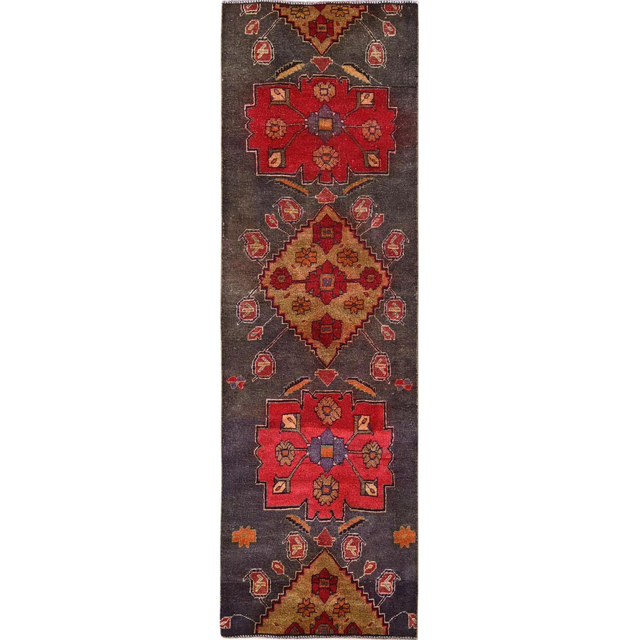Overdyed & Vintage Wool Hand Knotted Rug Grey 2.8x7.10 -O0796