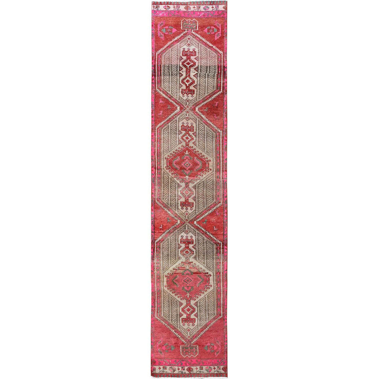 Overdyed & Vintage Wool Hand Knotted Rug Red 2.5x11.10 -O0797