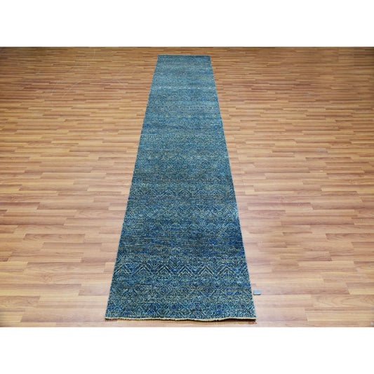 Modern and Contemporary Wool Hand Knotted Rug Green No Border 2.6X12.0 -O079817
