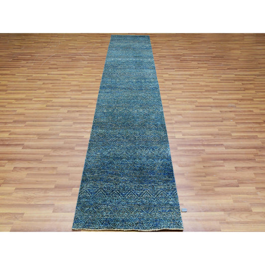 Modern and Contemporary Wool Hand Knotted Rug Green No Border 2.6X12.0 -O079818