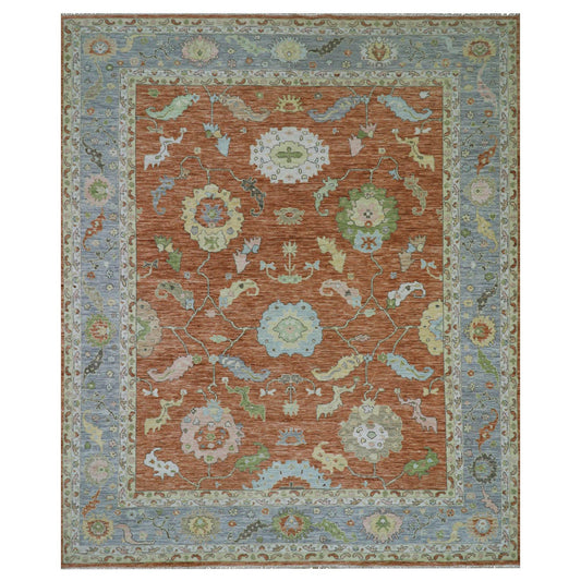 Oushak And Peshawar Wool Hand Knotted Rug Red Blue 12.1X4.7 -O079901