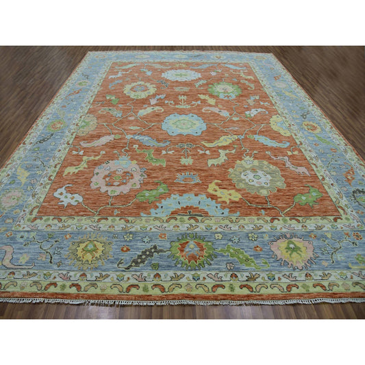Oushak And Peshawar Wool Hand Knotted Rug Red Blue 12.1X4.7 -O079901