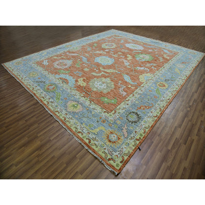 Oushak And Peshawar Wool Hand Knotted Rug Red Blue 12.1X4.7 -O079901