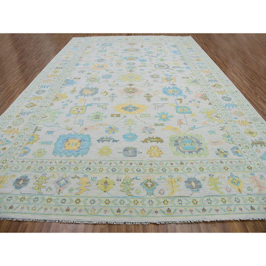 Oushak And Peshawar Wool Hand Knotted Rug Ivory Delicate White 12.2X17.10 -O079907