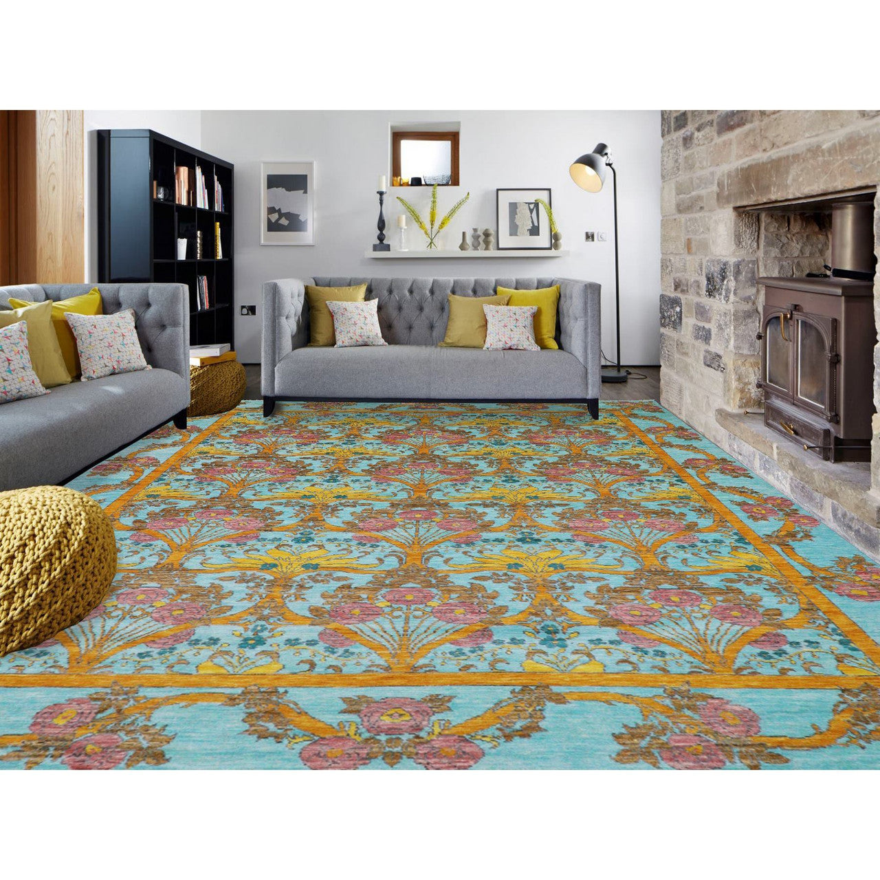 Arts And Crafts Wool Hand Knotted Rug Blue Blue 12.2X14.9 -O079911
