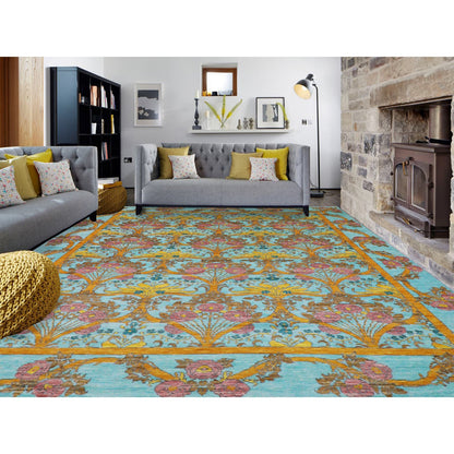 Arts And Crafts Wool Hand Knotted Rug Blue Blue 12.2X14.9 -O079911