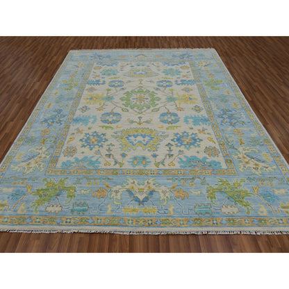 Oushak And Peshawar Wool Hand Knotted Rug Ivory Blue 8.3X10.8 -O079916