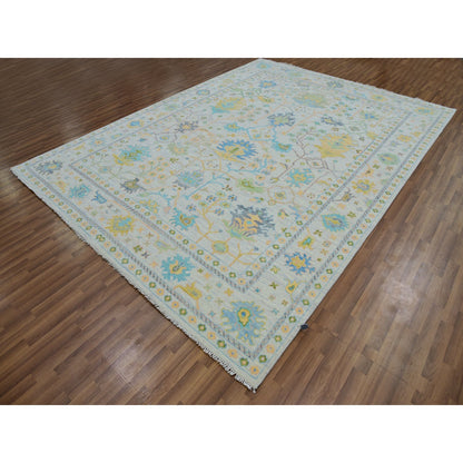 Oushak And Peshawar Wool Hand Knotted Rug Ivory White 9.0X12.0 -O079927