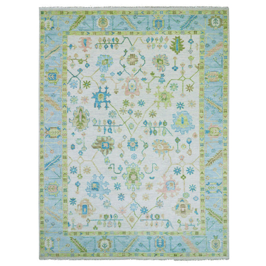 Oushak And Peshawar Wool Hand Knotted Rug Ivory Light Blue 10.1X14.0 -O079950