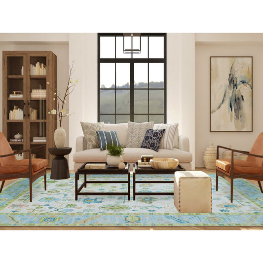 Oushak And Peshawar Wool Hand Knotted Rug Ivory Light Blue 10.1X14.0 -O079950