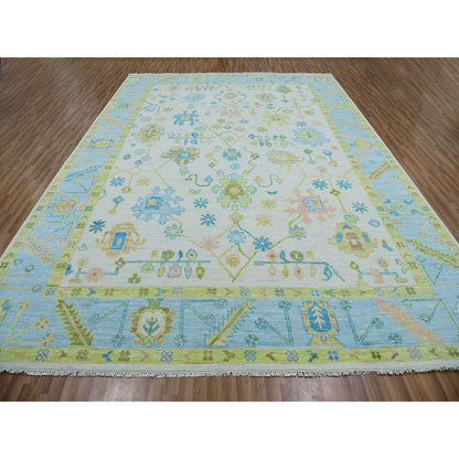 Oushak And Peshawar Wool Hand Knotted Rug Ivory Light Blue 10.1X14.0 -O079950