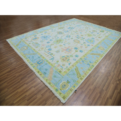 Oushak And Peshawar Wool Hand Knotted Rug Ivory Light Blue 10.1X14.0 -O079950