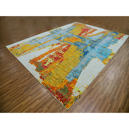 Modern and Contemporary Wool Hand Knotted Rug Ivory No Border 10.3X14.0 -O079964