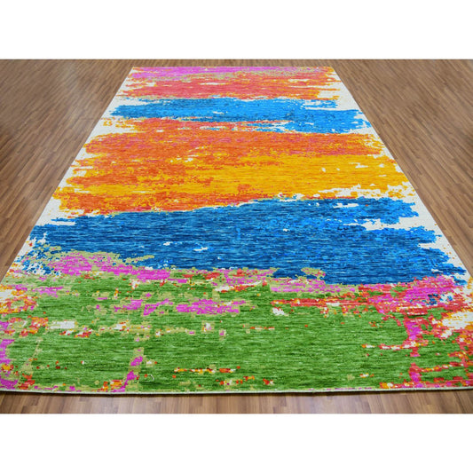 Modern and Contemporary Wool Hand Knotted Rug Multicolored No Border 10.0X14.1 -O079965