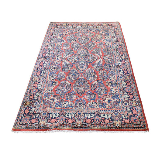 Antique Wool Hand Knotted Rug Red Navy Blue 6.0X8.7 -O080001