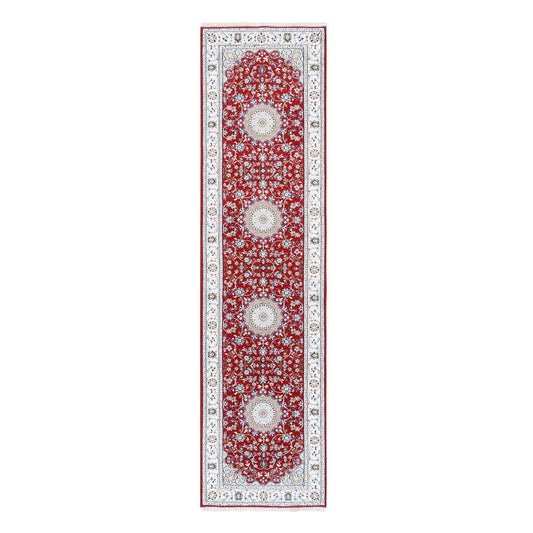 Fine Oriental Wool Hand Knotted Rug Red Ivory 2.9X10.1 -O080022
