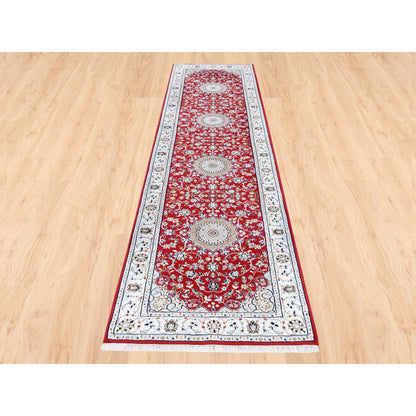 Fine Oriental Wool Hand Knotted Rug Red Ivory 2.9X10.1 -O080022