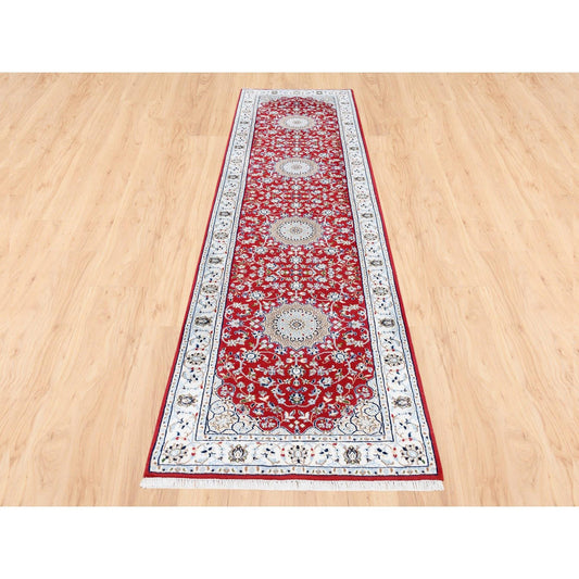 Fine Oriental Wool Hand Knotted Rug Red Ivory 2.9X10.1 -O080022