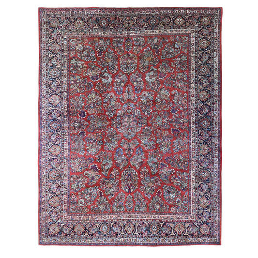 Antique Wool Hand Knotted Rug Red Midnight Blue 10.5X13.7 -O080054