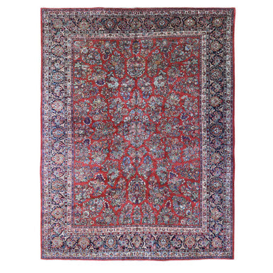 Antique Wool Hand Knotted Rug Red Midnight Blue 10.5X13.7 -O080054