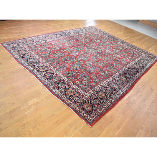 Antique Wool Hand Knotted Rug Red Midnight Blue 10.5X13.7 -O080054