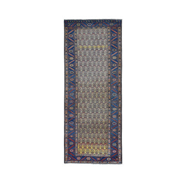 Antique Wool Hand Knotted Rug Yellow Blue 4.0X10.3 -O080058