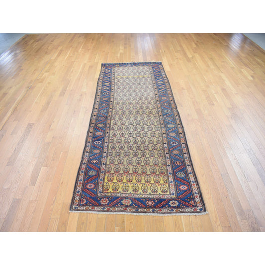 Antique Wool Hand Knotted Rug Yellow Blue 4.0X10.3 -O080058