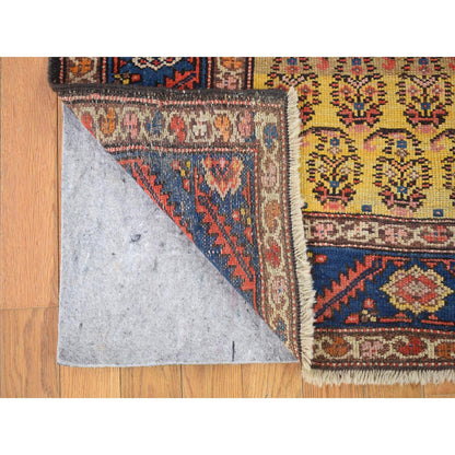 Antique Wool Hand Knotted Rug Yellow Blue 4.0X10.3 -O080058