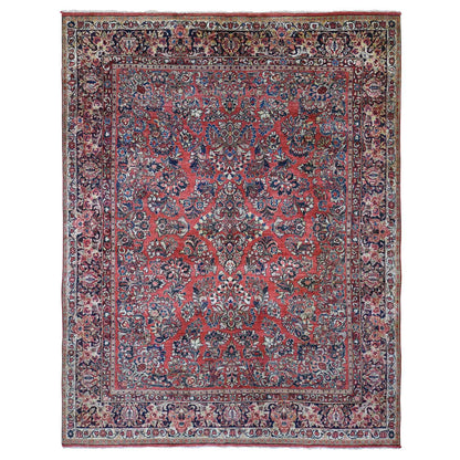 Antique Wool Hand Knotted Rug Red Navy Blue 7.10X9.10 -O080064