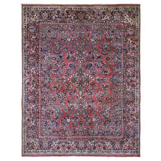 Antique Wool Hand Knotted Rug Red Navy Blue 7.10X9.10 -O080064