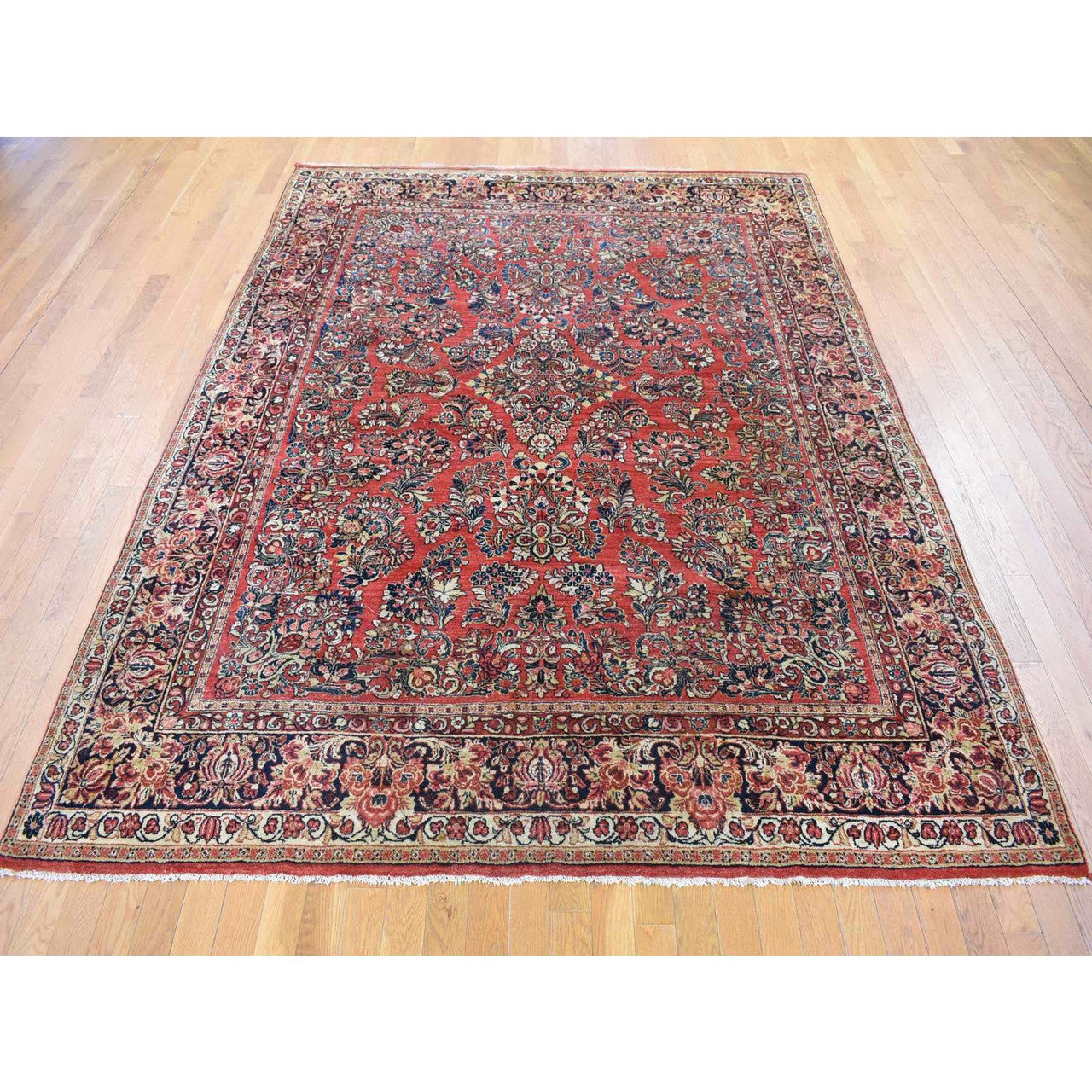 Antique Wool Hand Knotted Rug Red Navy Blue 7.10X9.10 -O080064