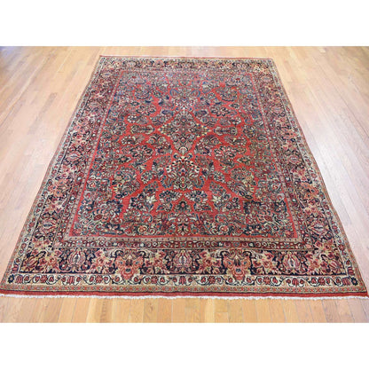 Antique Wool Hand Knotted Rug Red Navy Blue 7.10X9.10 -O080064