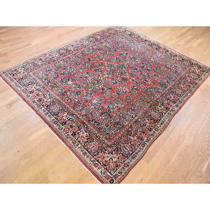 Antique Wool Hand Knotted Rug Red Navy Blue 7.10X9.10 -O080064