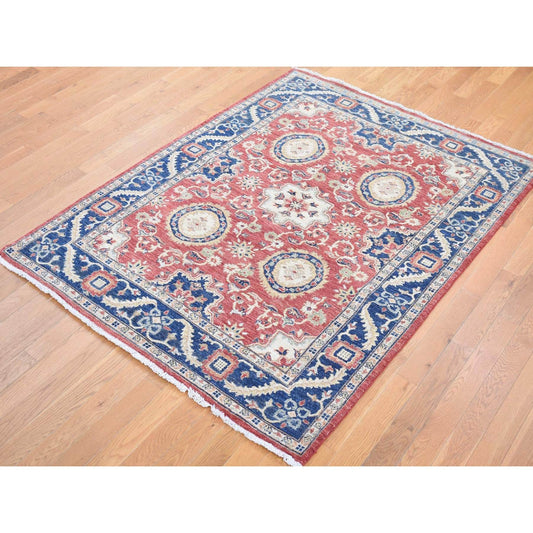 Oushak And Peshawar Wool Hand Knotted Rug Red Navy Blue 5.0X6.6 -O080078