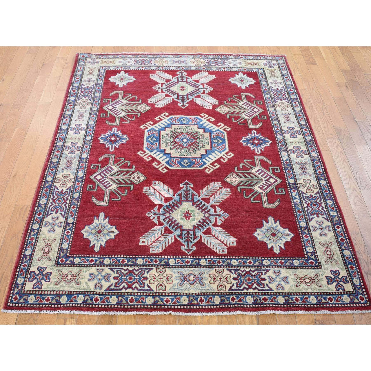 Red 5'3" x 7'1" Kazak Hand knotted Wool Rug - Sku: O080083