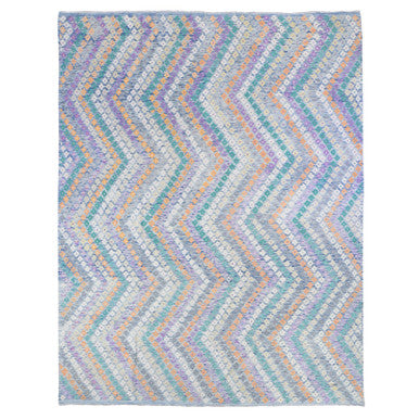 Tribal & Geometric Wool Hand Knotted Rug Blue No Border 10.3X13.2 -O080085