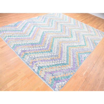 Tribal & Geometric Wool Hand Knotted Rug Blue No Border 10.3X13.2 -O080085