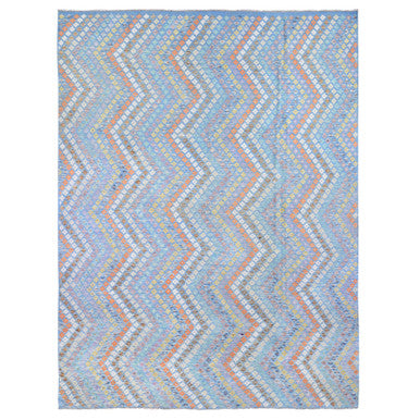 Tribal & Geometric Wool Hand Knotted Rug Blue No Border 10.3X13.3 -O080086