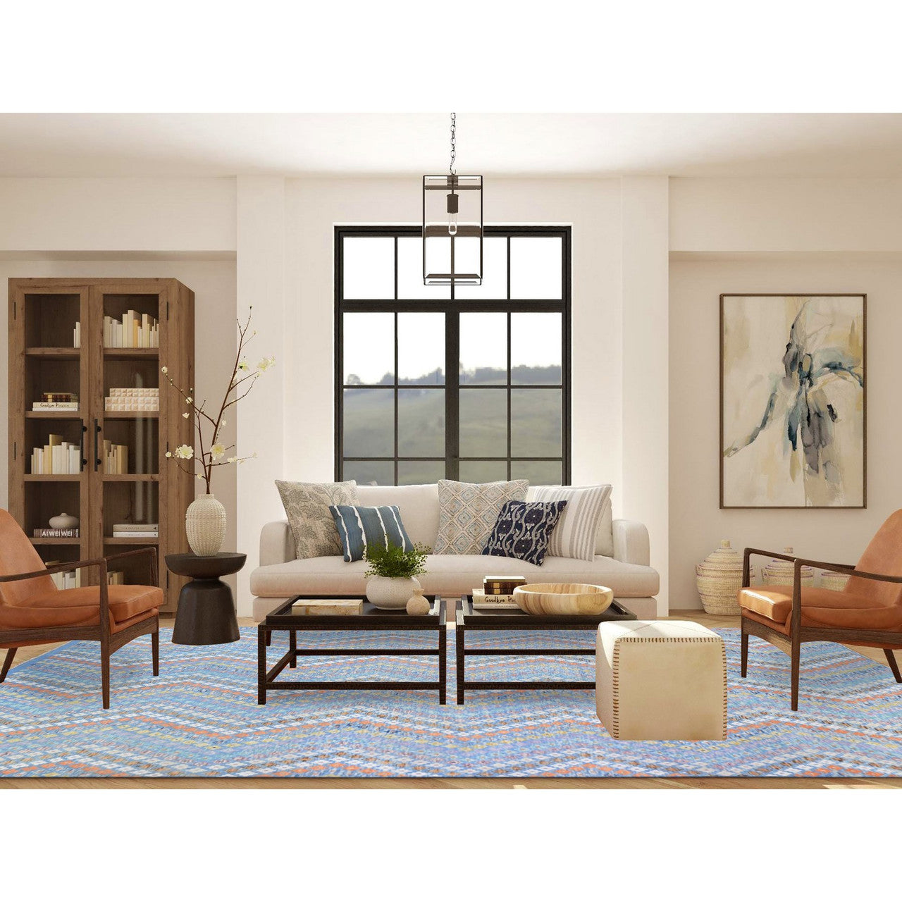 Tribal & Geometric Wool Hand Knotted Rug Blue No Border 10.3X13.3 -O080086