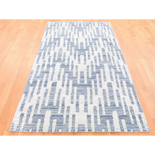 Modern and Contemporary Wool & Silk Hand Knotted Rug Grey No Border 4.0X10.3 -O080088