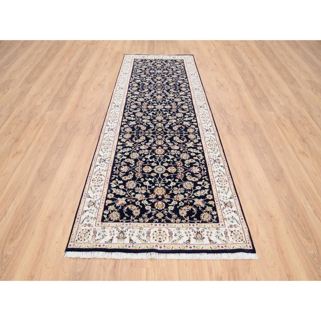 Fine Oriental Wool Hand Knotted Rug Blue Ivory 2.8X9.10 -O080089