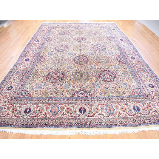 Antique Wool Hand Knotted Rug Yellow Ivory 11.5X15.9 -O080111