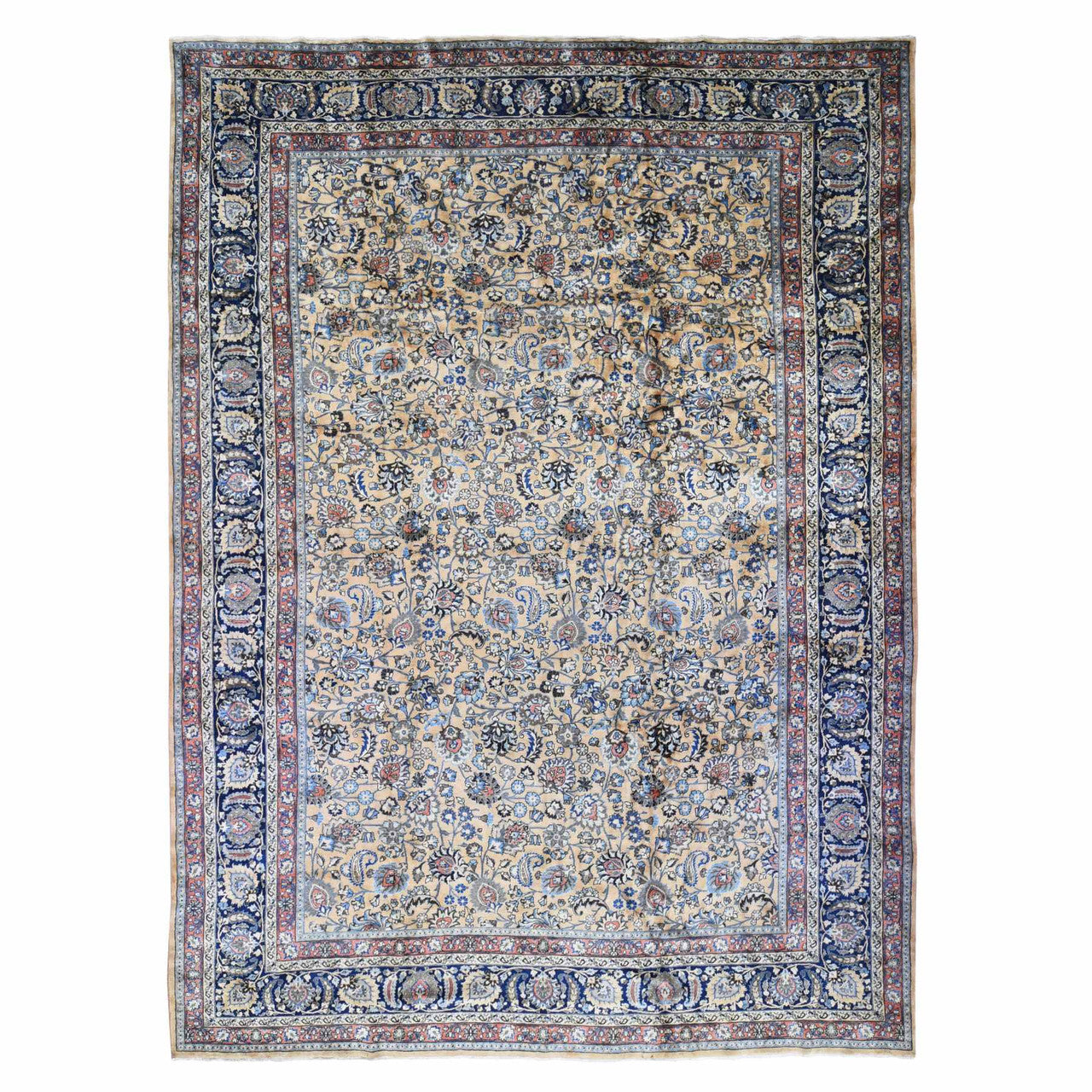 Antique Wool Hand Knotted Rug Ivory Navy Blue 11.9X16.4 -O080113