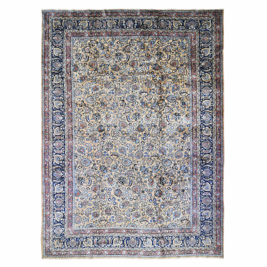 Antique Wool Hand Knotted Rug Ivory Navy Blue 11.9X16.4 -O080113